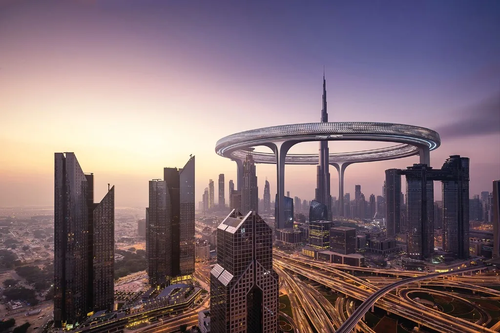 Futuristic Dubai skyline with advanced infrastructure