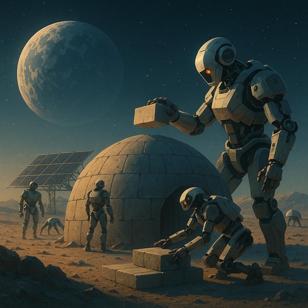 Robots building a habitat on the moon